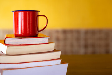 Pilha de livros com uma caneca vermelha em cima.