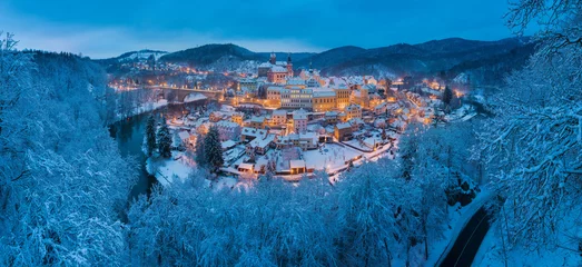 Tuinposter Stunning scenic view of beautiful cityscape of medieval Loket nad Ohri town with Loket Castle gothic style on massive rock, colorful buildings during winter season, Karlovy Vary Region, Czech Republic © Michal