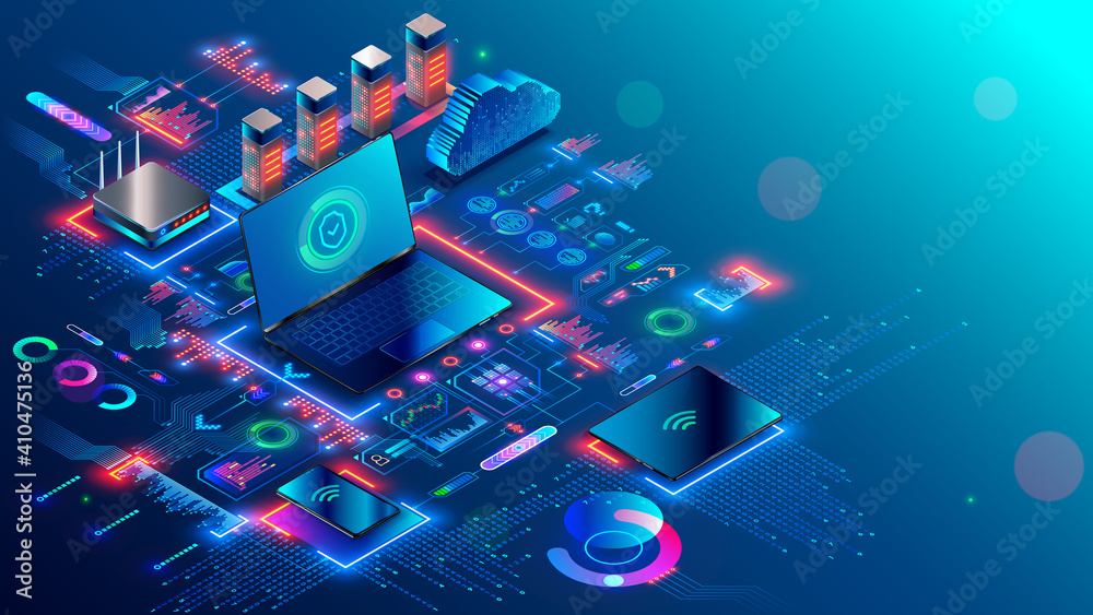 Aufkleber Computer network security technology. Local computer network structure communications with data center or online server via protected internet connection. Cybersecurity data concept. Home network.