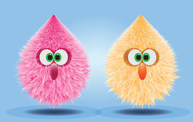 Fluffy and furry pompons in pink and orange yellow color