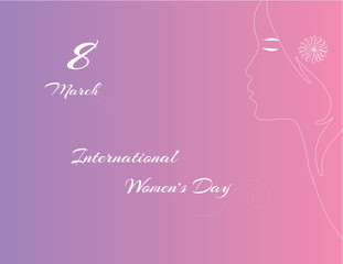 Happy women's day on 8 march international celebration theme with woman's face as line art on gradient background for poster, story, wishes card, greeting card