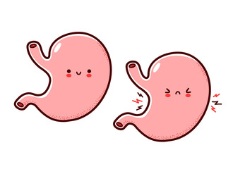 Cute healthy and sick sad funny human stomach organ character. Vector flat line cartoon kawaii character illustration icon. Isolated on white background. Stomach with face character mascot concept
