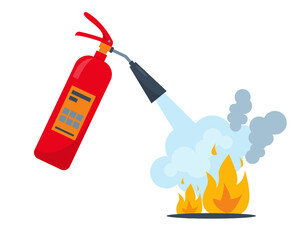 Red fire extinguisher and burning fire - obrazy, fototapety, plakaty