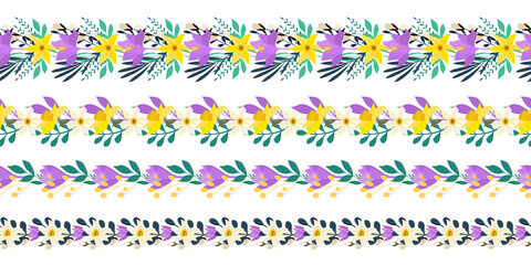 Set of seamless borders with spring flowers. Tape template. Isolated vector illustration. Crocus, Narcissus, Daffodil, Willow. Easter bouquet. Flat design. Border pattern for banners, washi tape.