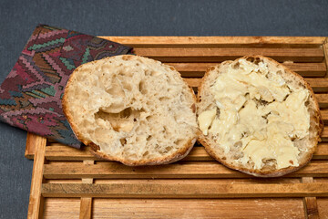 Sandwich of bread with cheese and a napkin