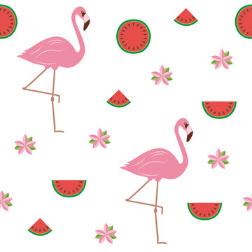 seamless pattern tropical summer design with flamingos flowers and watermelon vector illustration EPS10