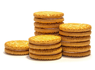 Beautiful shortbread cookies for cha. Cookies from two halves with cream. Ten livers isolated on a white background.