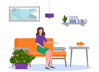 girl at work drinking coffee on the couch. lunch break. office decor. vector illustration. 