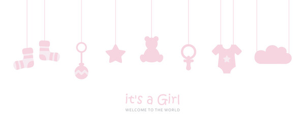 its a girl welcome greeting card for childbirth with hanging baby utensils vector illustration EPS10