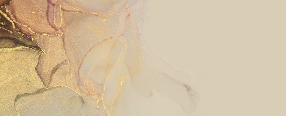 Abstract blue, violet and gold glitter color horizontal background. Marble watercolor texture. Alcohol ink.