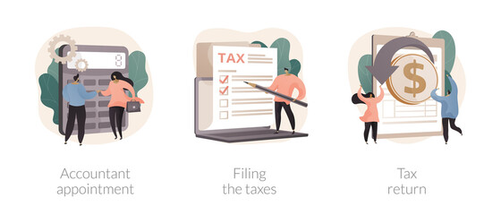 Tax agent service abstract concept vector illustration set. Accountant appointment, filing the taxes, money refund, income statement and financial audit, e-file online software abstract metaphor.