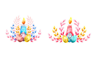 A set of Easter spring compositions with watercolor Easter eggs, a candle and willow twigs, isolated elements on a white background, a watercolor illustration of a Happy Easter. For postcards