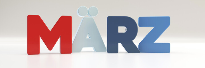 Marz -March - month in German 3d plastic color palette with red, blue and white, text typography, 3d render illustration