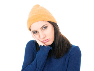 Closeup bored young woman looking to you, isolated on white background.