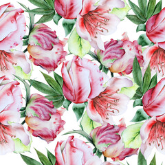 Bright seamless pattern with flowers. Rose. Watercolor illustration. Hand drawn.