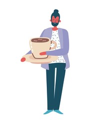 Bearded man is holding a cup of tea. Vector illustration in cartoon style