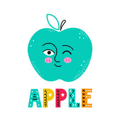 Cute happy smile apple fruit. Vector simple flat cartoon scandinavian character hand drawn illustration icon. Isolated on white background. Scandinavian apple fruit print concept