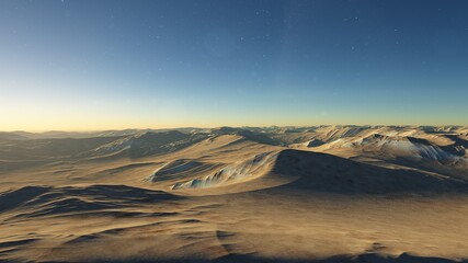 beautiful view from an exoplanet, a view from an alien planet, a computer-generated surface, a fantastic view of an unknown world, a fantasy world 3D render
