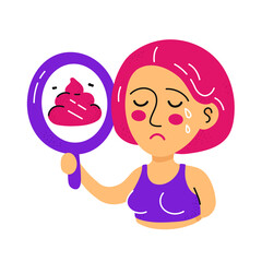 Cute sad cry woman look at mirror and see poop. Vector flat cartoon kawaii character hand drawn illustration icon. Isolated on white background. Complexes of appearance concept