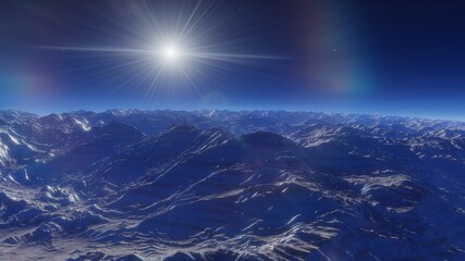 beautiful view from an exoplanet, a view from an alien planet, a computer-generated surface, a fantastic view of an unknown world, a fantasy world 3D render
