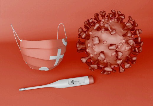 thermometer and Mask with Coronavirus Mockup