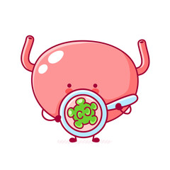 Cute funny human bladder organ character look at virus. Vector flat line cartoon kawaii character illustration icon. Isolated on white background. Bladder with face character mascot concept