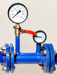 Manometers in the metering system and water pressure, close-up, copy space.