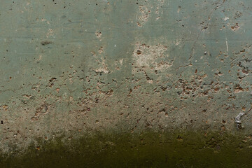 Green moss on wall with cracks scratches and black brush strokes old abandoned suburban texture water erosion suburban
