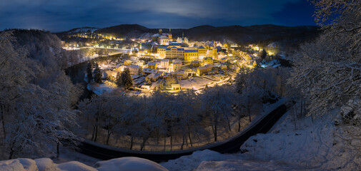 Stunning scenic view of beautiful cityscape of medieval Loket nad Ohri town with Loket Castle...