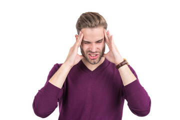 Fototapeta premium Distressed guy with closed eyes squeeze head with hands suffering from headache, migraine