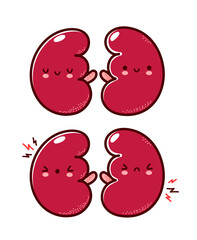 Cute healthy and sick sad funny human kidneys organ. Vector flat line cartoon kawaii character illustration icon. Isolated on white background. Kidneys with face character mascot concept