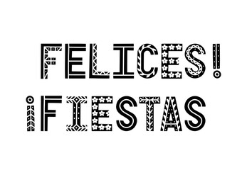 Fototapeta premium Fiesta black and white banner. Festive vector illustration with hand drawn letters with decorations.