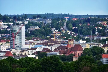 Fototapeta premium Blick über Pforzheim mit dem Bezirksamtsturm im Zentrum - View over Pforzheim Germany with the district office tower in the center