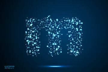 English letters abstract font consists 3d of triangles, lines, dots and connections. On a dark blue background cosmic universe stars, meteorites, galaxies. Vector illustration EPS 10.