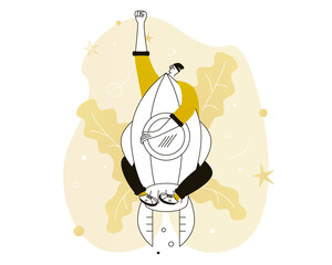 A man organized a startup and went on a rocket to rock the top of the business. Vector illustration with Web communication idea for telework, remote working, making money, finance or investment
