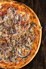 Tasty Pizza on Wooden Boards. Top Down Overhead View. Menu Brochure Layout Design.