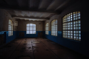 Inside old Orlovka Asylum for the insane in Voronezh Region. Dark creepy abandoned mental hospital