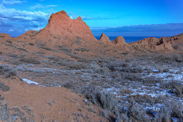 Mars canyon panorama on south bank of Issyk kul lake Kyrgyzstan