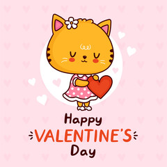 Cute cat in dress with heart. Happy valentines day card. Vector flat line cartoon kawaii character illustration icon. Kitty valentines day gift concept