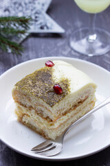 Italian dessert tiramisu, made with matcha tea and limoncello.