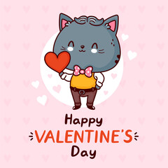 Cute funny gentlemen cat with heart. Happy valentines day card. Vector flat line cartoon kawaii character illustration icon. Cat valentines day gift concept