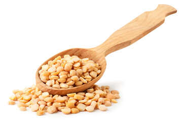 Split yellow peas in a wooden spoon on a white background. Isolated