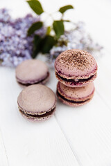 Macaroni or macaroni cake on white top background, colorful macaroons, pastel colors, vintage card, top view