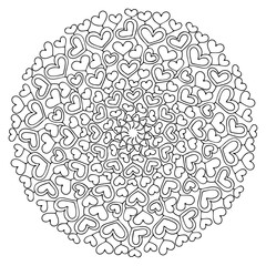 Cute hearts black and white hand drawn mandala stock vector illustration. Happy Valentine Day elegance mandala black outline isolated on white. Romantic coloring page for kids and adults. One of serie