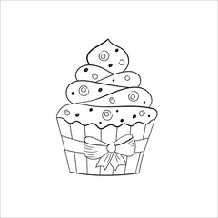 Baked cupcake. Cute contour sketch in doodle style. Isolated object on a white background. Design for the menu of confectionery, textiles, coloring books.