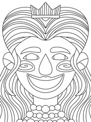 Young smiling woman with long hair, diadem and pearls necklace vector. Festival Mardi Gras queen black outline isolated on white. Fairy tale character symmetry coloring page for kids. One of a series