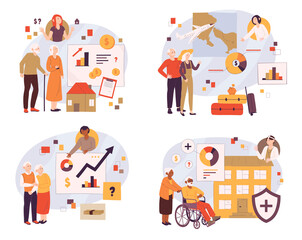 Fototapeta premium Retiree budget plan concept. Financial literacy, healthcare expenses, retirement estate planning, tourist trips and travelling, health insurance plan. Set of flat cartoon vector illustrations