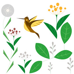 Vector illustration of a beautiful florals with a cute bird on a floral branch in spring. 