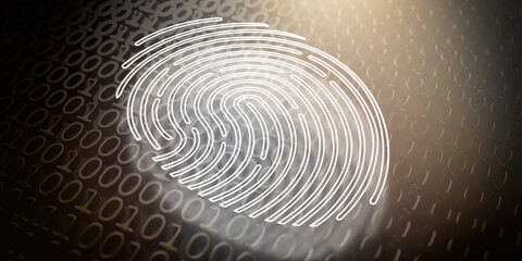 Fingerprint on binary code background. Digital authentication, scanning concept. 3D illustration