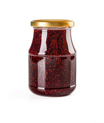 Delicious sweet raspberry jam in a glass jar with golden lid isolated on white background. Traditional homemade red berry jelly, marmalade or confiture as ingredient for sweet pastries and sandwiches.